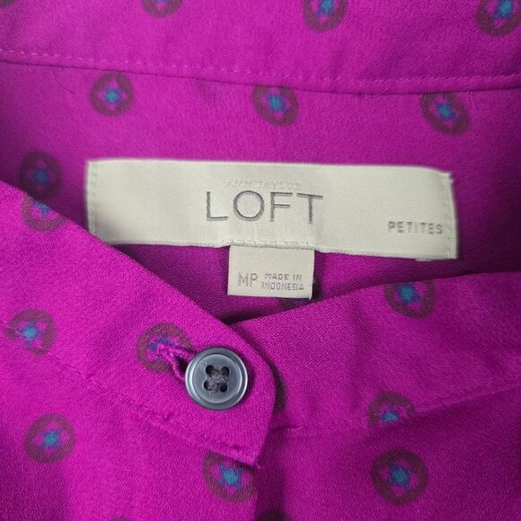 LOFT Long‎ Sleeve Fuchsia Printed Buttoned Blouse Women's Medium Petite - Picture 4 of 9